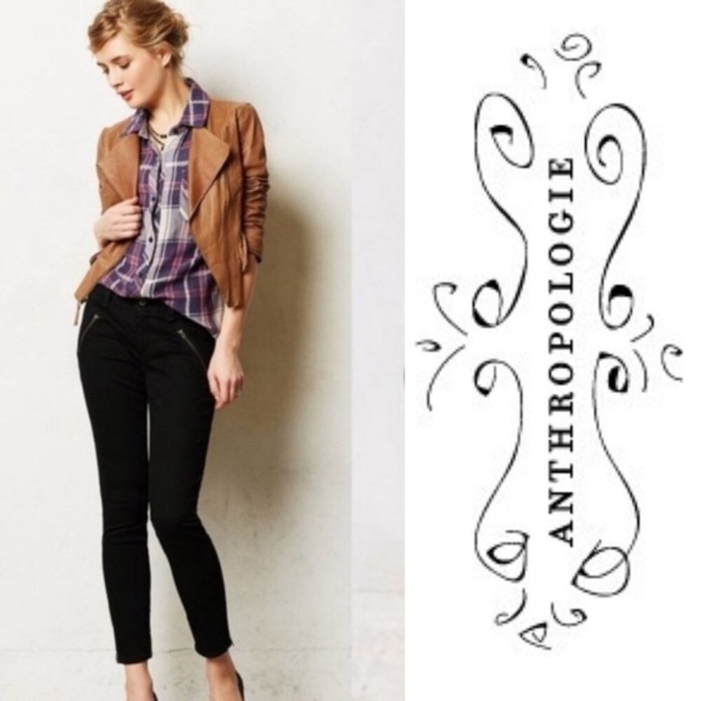 {Anthropologie} PILCRO Skinny Moto Jeans Size 4 Black Stretch Twill Pants EUC